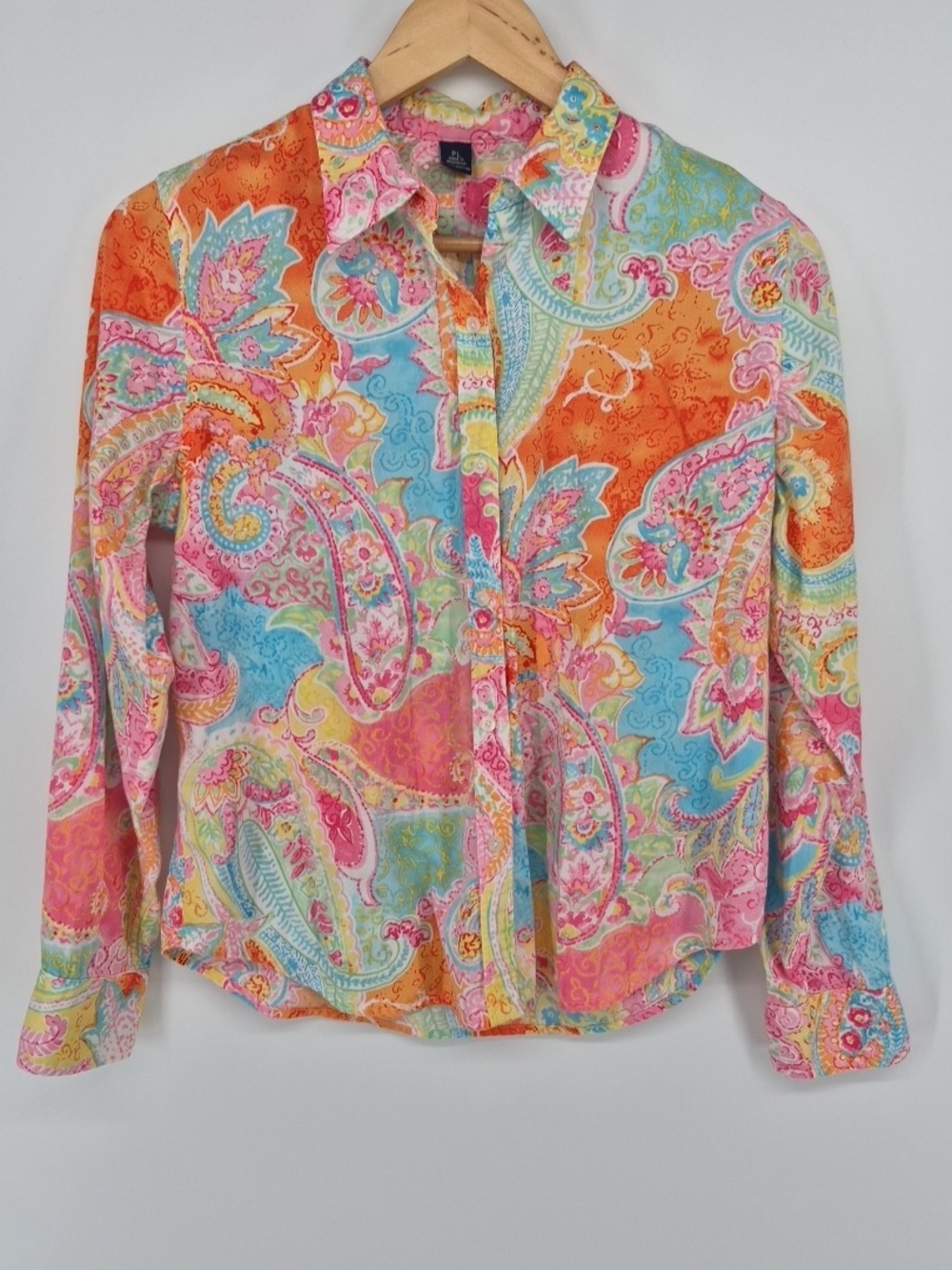 Chaps Women's Petite Large Paisley Floral Long Sleeve Button Up Blouse Cotton